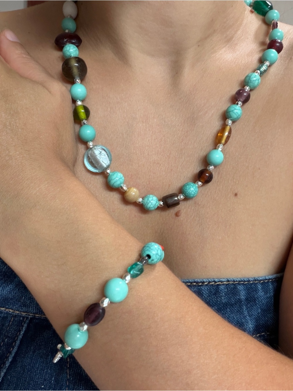 Eclectic Mixed Bead Jewelry Set Turquoise Glass Bohemian Necklace